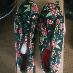 Green and Red Casual Slip On Sneakers with Bold Floral Design